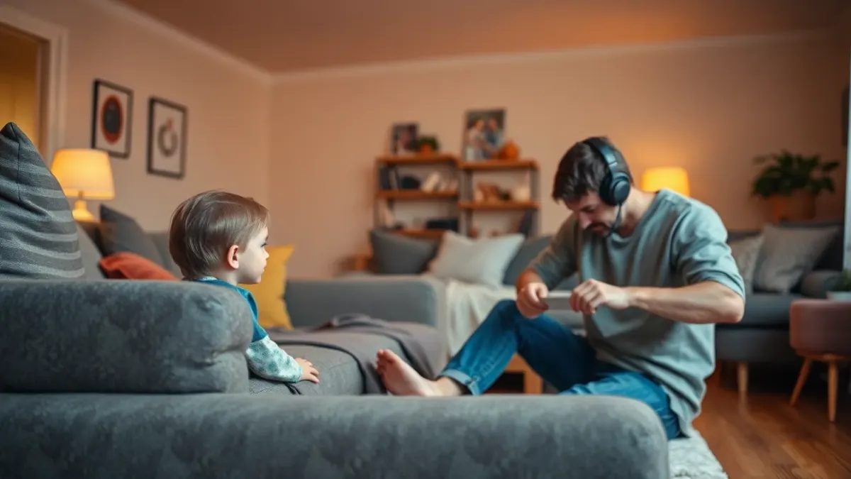 Child watching from the sofa while a parent plays a mixed reality game