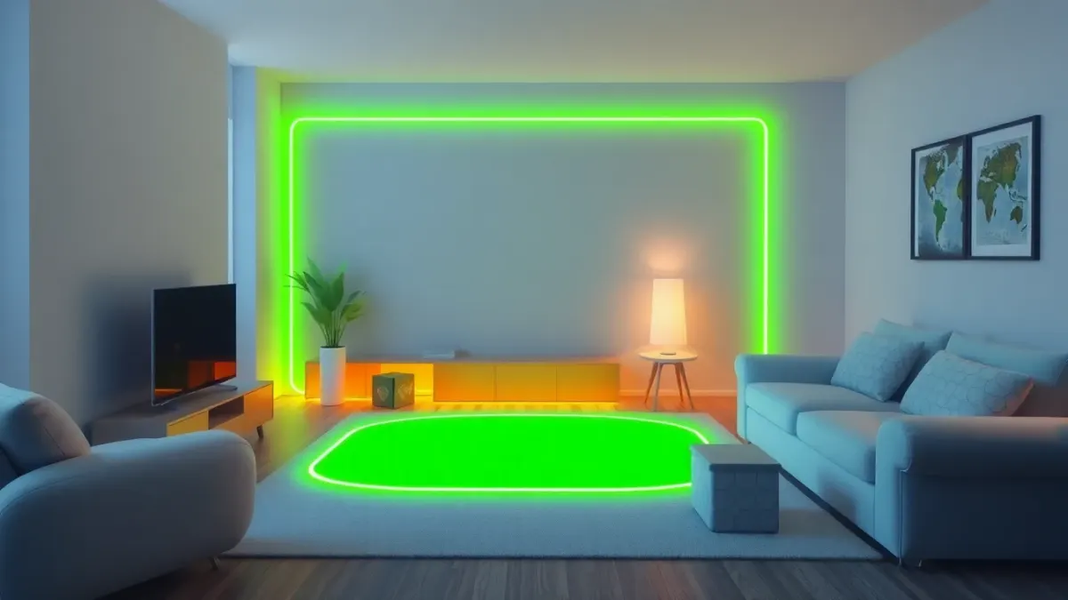 Living room with a glowing safe zone around the play area and hazards highlighted