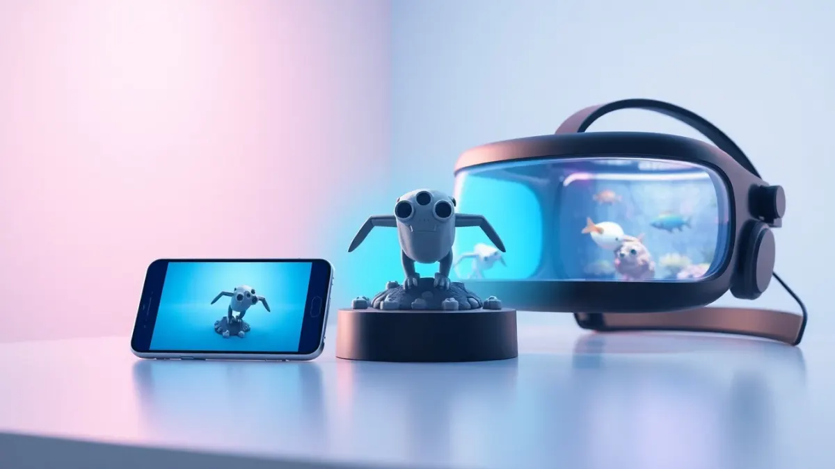 Smartphone AR creature beside a headset view of virtual tanks on a real table