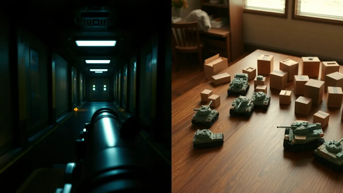 Contrast between a first-person sci-fi shooter corridor and a tabletop view of tanks among blocks