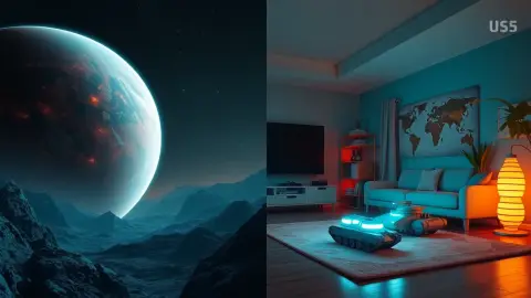 Split illustration comparing a fully virtual alien world with a real living room holding virtual tanks