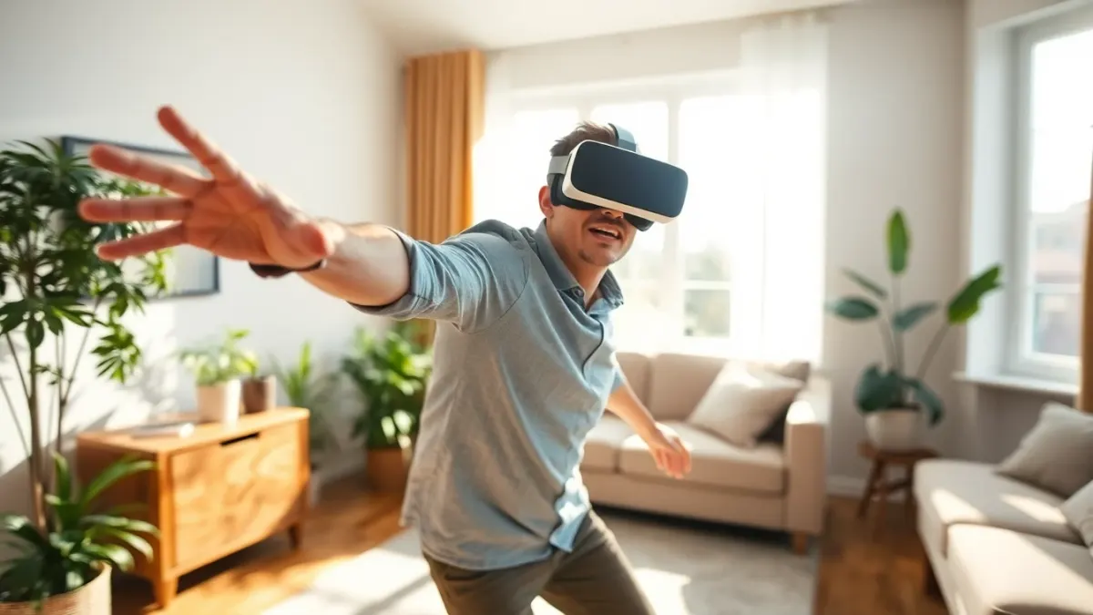 Person in a VR headset leaning and reaching in a bright living room