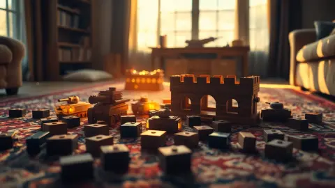 Glowing tanks rolling across a living room rug among toy bricks at golden hour