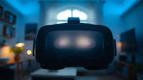 Close-up of a VR headset's front cameras with a blurred living room behind it