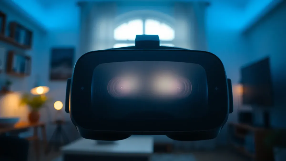 Close-up of a VR headset's front cameras with a blurred living room behind it