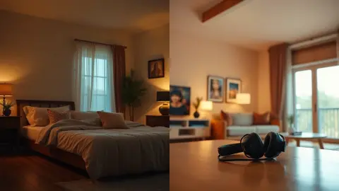Bedroom and living room side by side, each with a headset ready for play