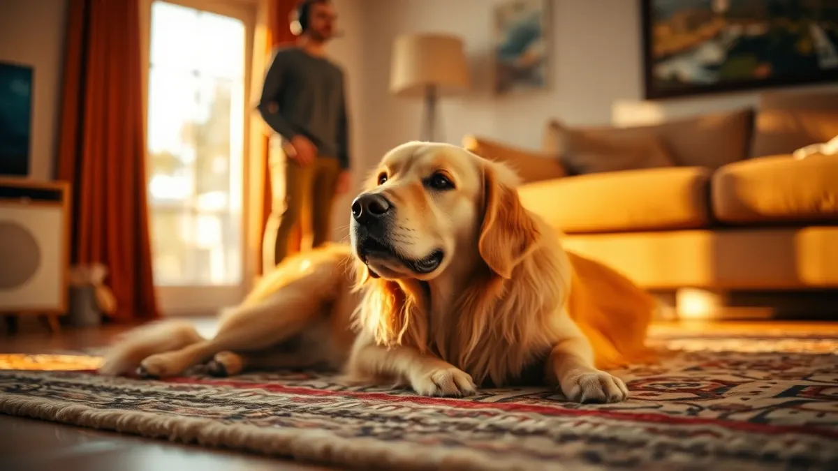 Dog resting on a rug while a player wearing a headset stands in the background
