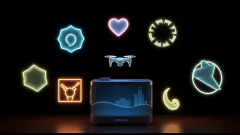 Six glowing objects including a shield, drone and portal floating above a toy tank on a table