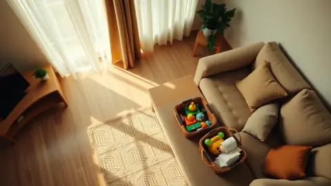 Person moving a coffee table to clear space in a living room