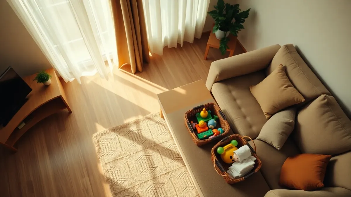 Person moving a coffee table to clear space in a living room