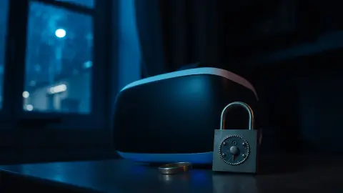VR headset on a desk next to a small padlock on a rainy night