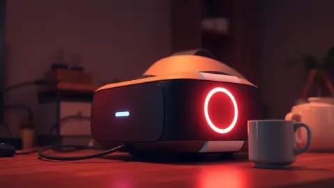 Headset charging on a desk with a softly glowing charge indicator