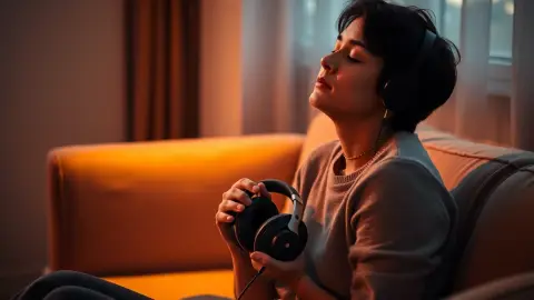 Person taking a calming break on a sofa with a headset on their lap