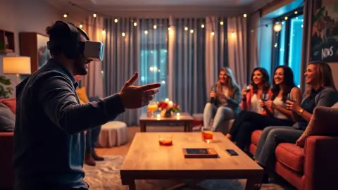 Friends laughing around a guest playing a VR game at a house party