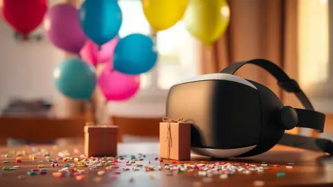 Birthday gift box and VR headset on a table with balloons behind