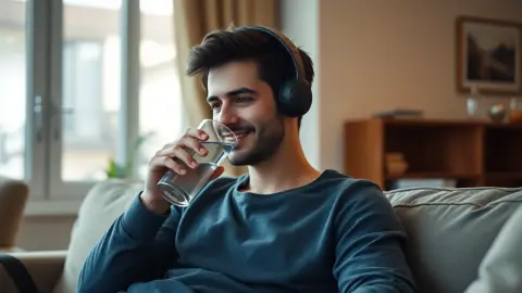 Player resting on a sofa with a headset pushed up and a glass of water