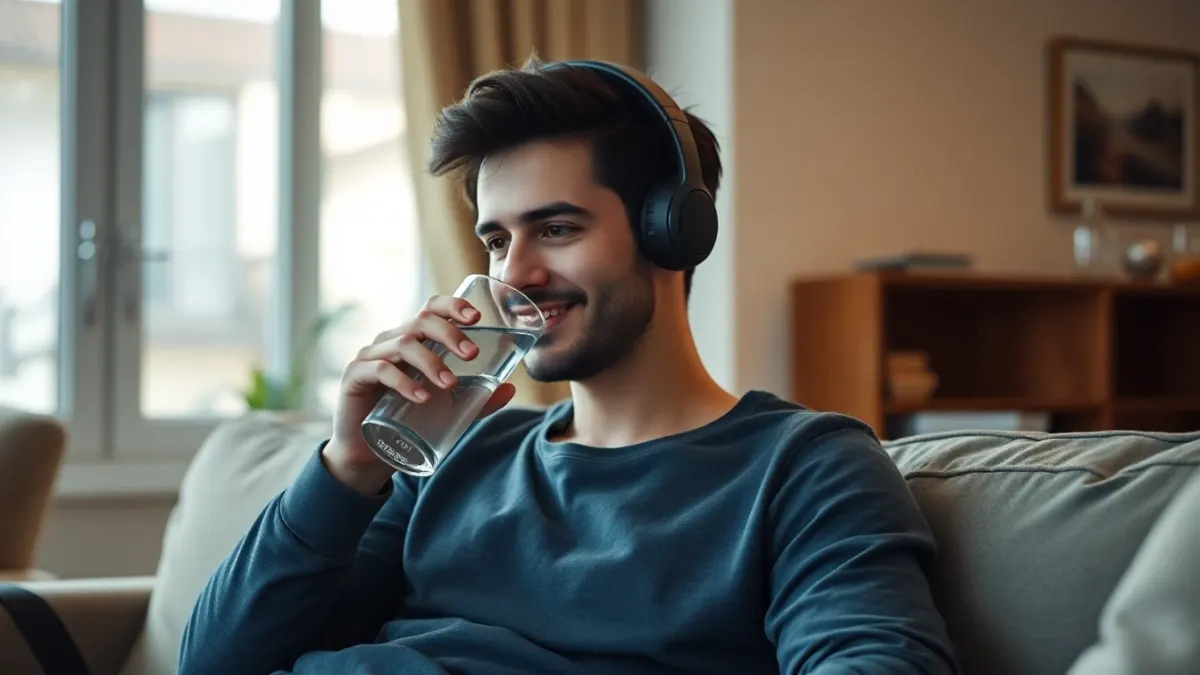 Player resting on a sofa with a headset pushed up and a glass of water