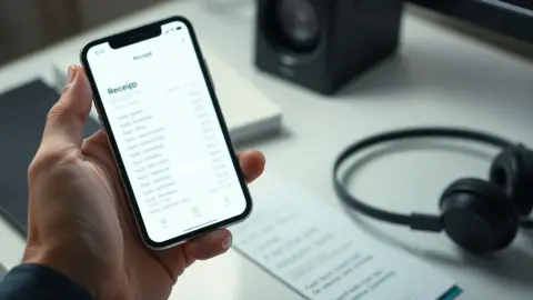 Hand holding a phone near a headset on a desk while checking a purchase