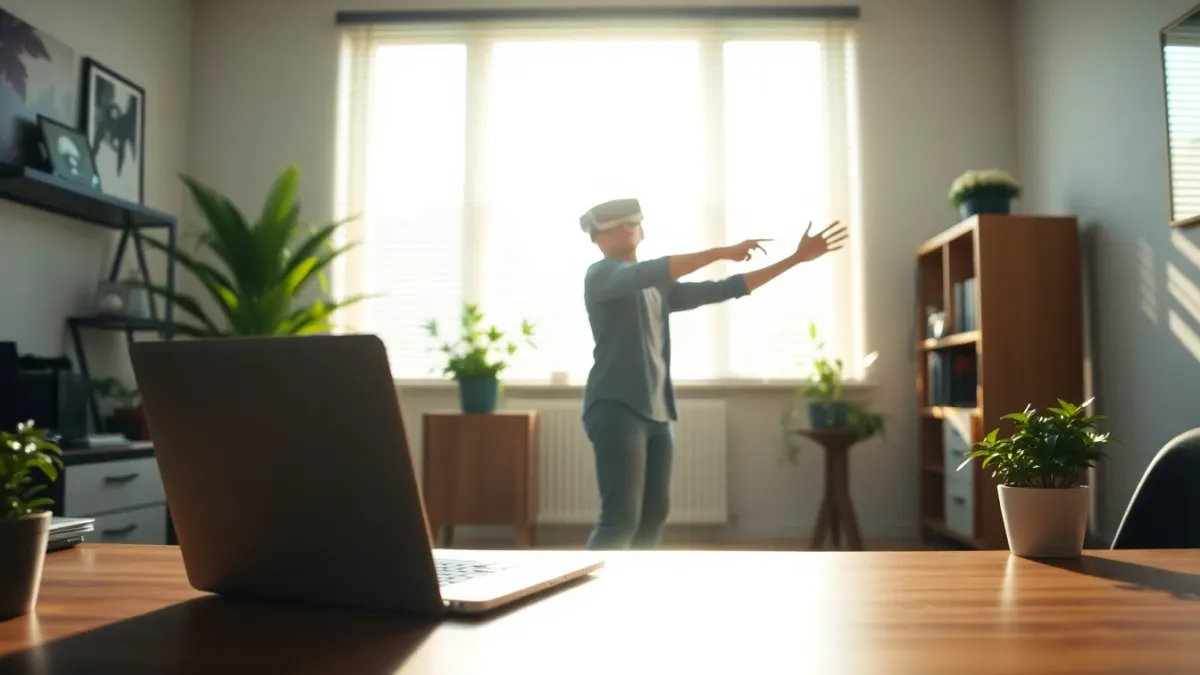 Remote worker playing a VR game in a sunny home office during a break