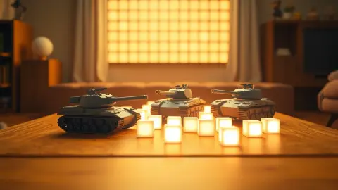 Toy-like tanks battling on a coffee table among glowing blocks