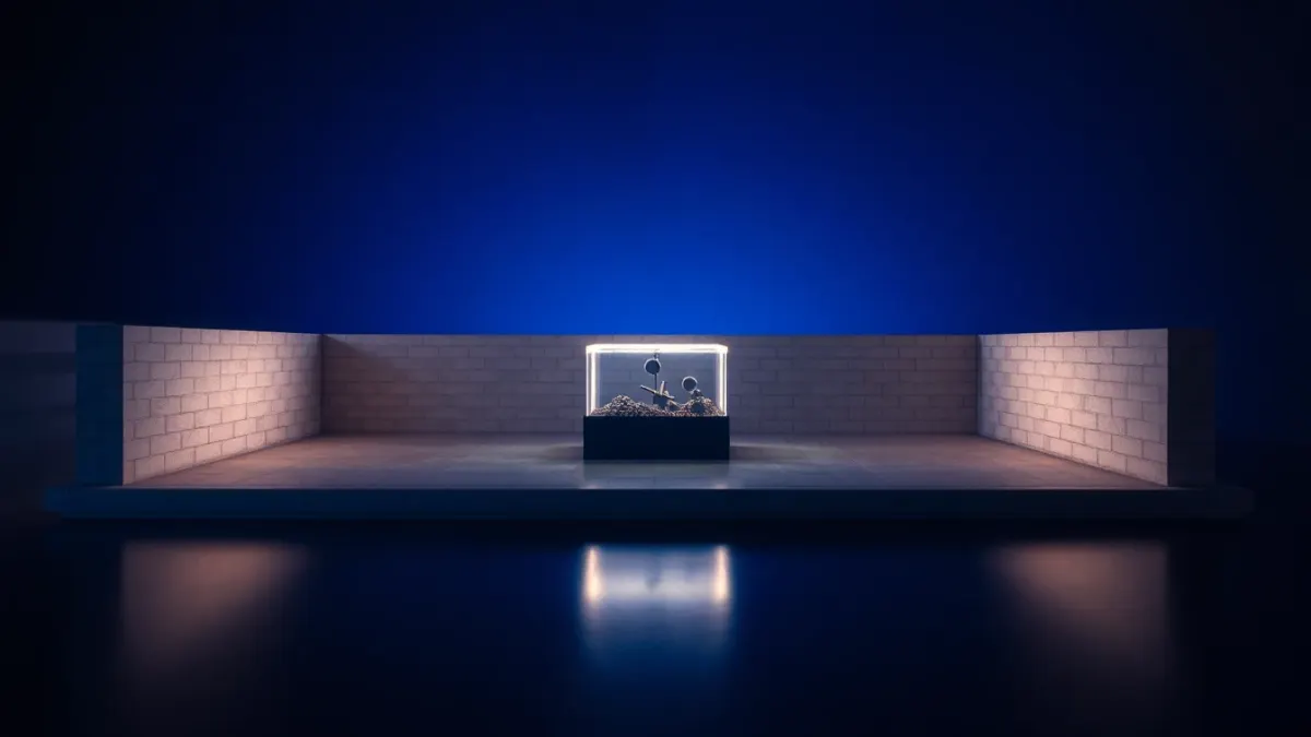 Glowing light trail bouncing off two walls of a miniature block arena on a table