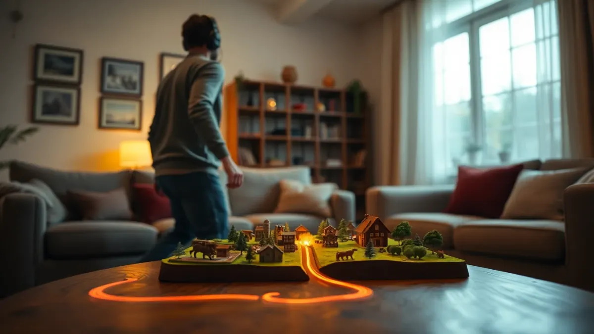 Person walking around a coffee table in a living room, studying a glowing virtual battlefield