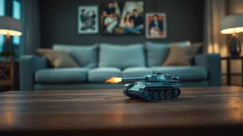 Tilt-shift view of a tiny glowing tank battle on a coffee table with a blurred sofa behind