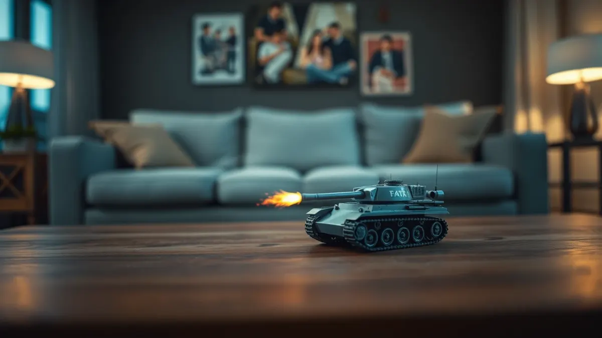 Tilt-shift view of a tiny glowing tank battle on a coffee table with a blurred sofa behind