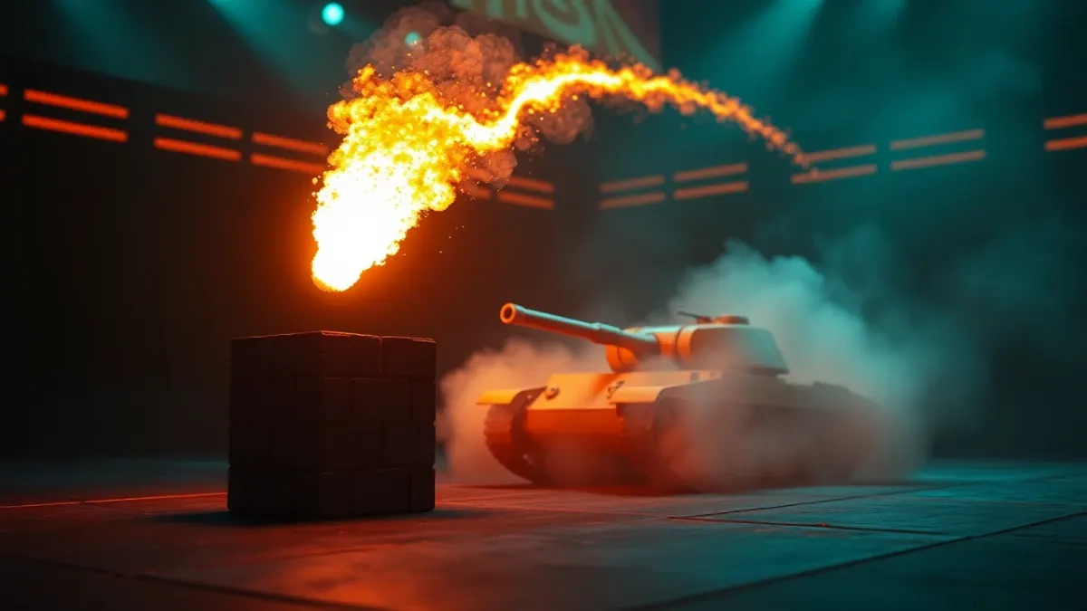 Glowing shell ricocheting off a block above a dark tabletop arena
