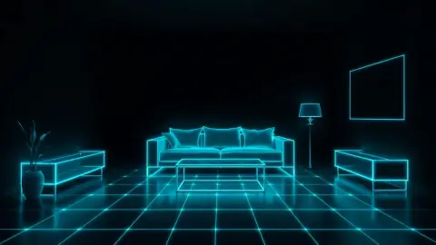 Living room outlined by glowing wireframe lines representing a room scan