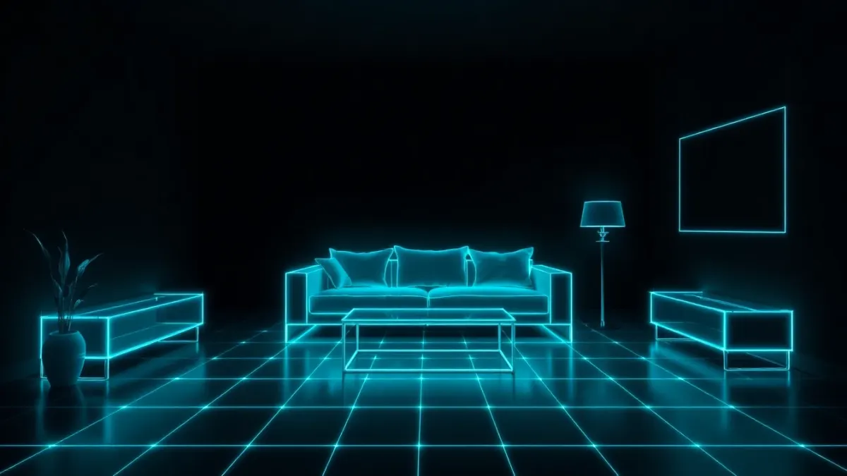 Living room outlined by glowing wireframe lines representing a room scan