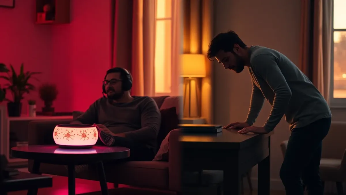 One person sitting on a sofa and another standing, both playing a mixed reality game on a coffee table