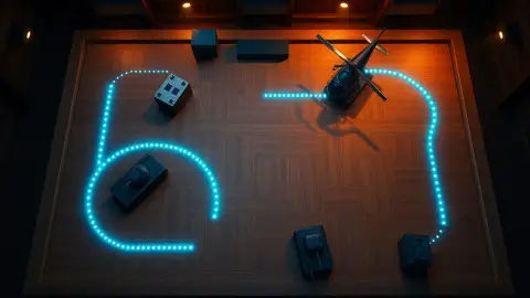 Tabletop arena with glowing bounce trajectory lines and tanks among blocks