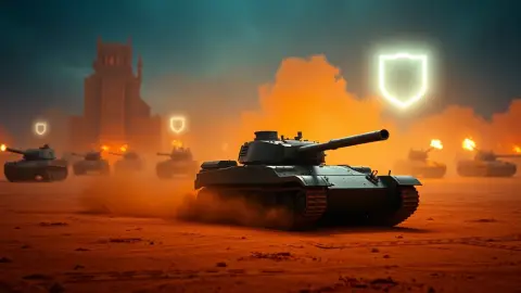Lone tank with a glowing shield surrounded by approaching enemy tanks
