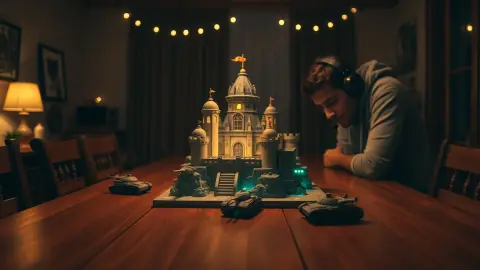 Person leaning over a dining table with a glowing miniature block arena and tanks above it