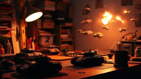 Painted miniature tanks on a hobby table with a glowing digital tank battle above it
