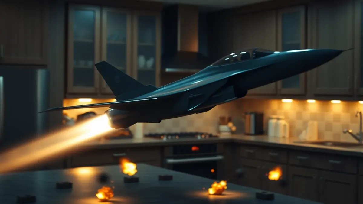 Jet streaking across a kitchen above a small block battlefield with explosions