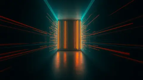 Light trails of bouncing bullets zigzagging between room walls