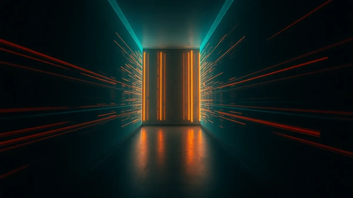 Light trails of bouncing bullets zigzagging between room walls