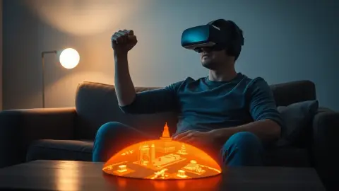 Determined player on a sofa facing a glowing tank battlefield on a coffee table