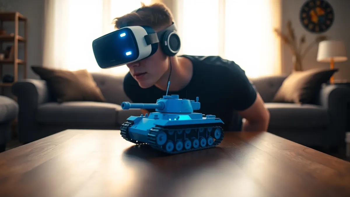 Beginner playing a mixed reality tank game over a coffee table in a living room