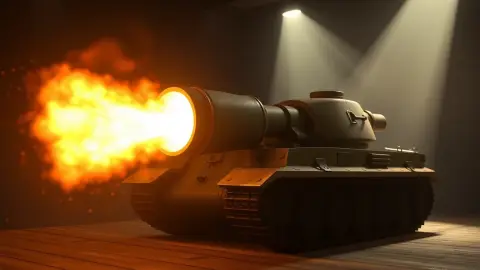 Oversized explosive shell leaving a tank barrel on a table-top battlefield
