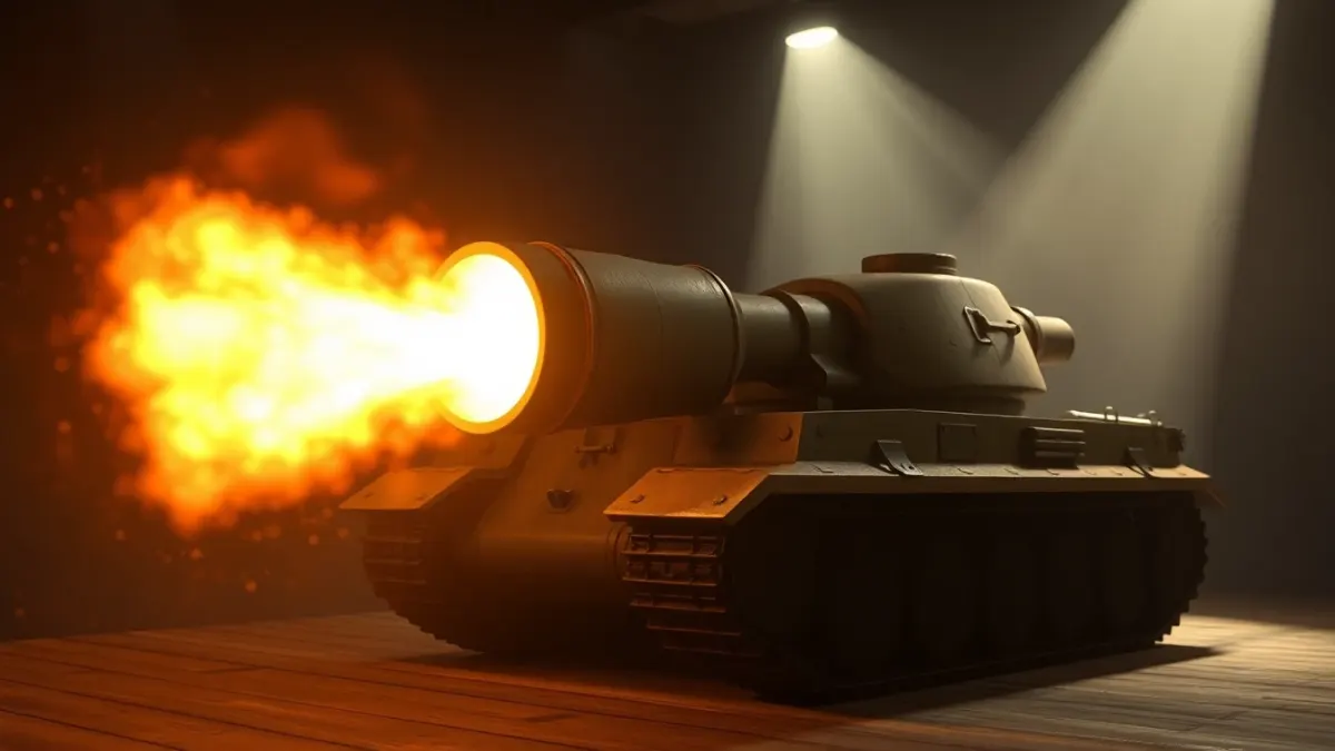 Oversized explosive shell leaving a tank barrel on a table-top battlefield