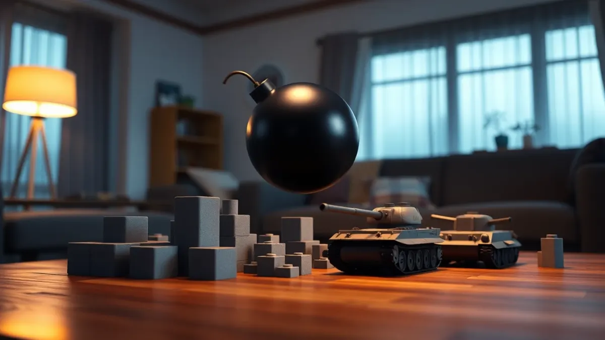Bomb arcing over blocks toward an enemy tank on a table-top battlefield