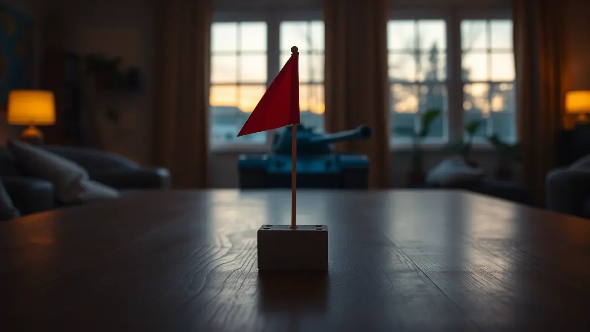 Small red flag on a block with a blue tank approaching across a table battlefield
