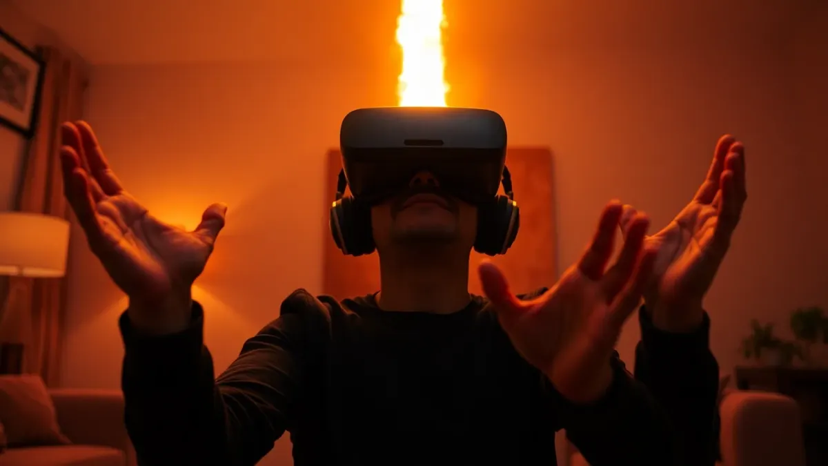 Player with raised hands about to catch a glowing missile in a living room