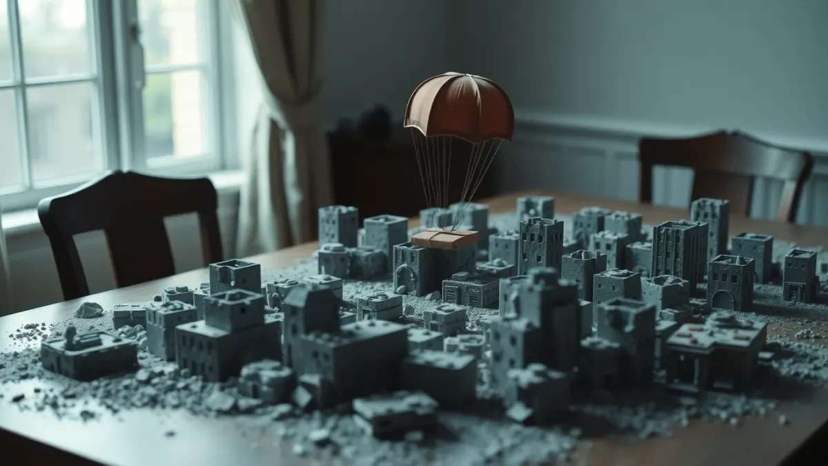 Miniature ruined city of blocks on a dining table with a parachute airdrop descending