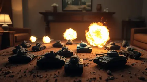 Blue player tank facing several enemy tanks across a table-top battlefield