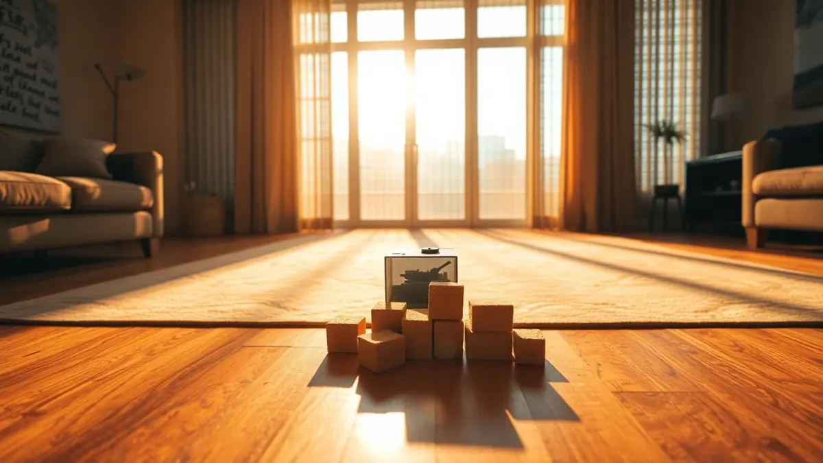 Sand-coloured blocks and a small tank on a long open living room floor in golden light