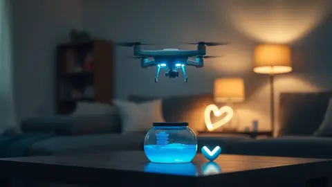Small hovering drone circling above a blue tank with a pulsing heart light